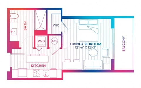 Floor plan for studio, 1 bath, 409 sqft